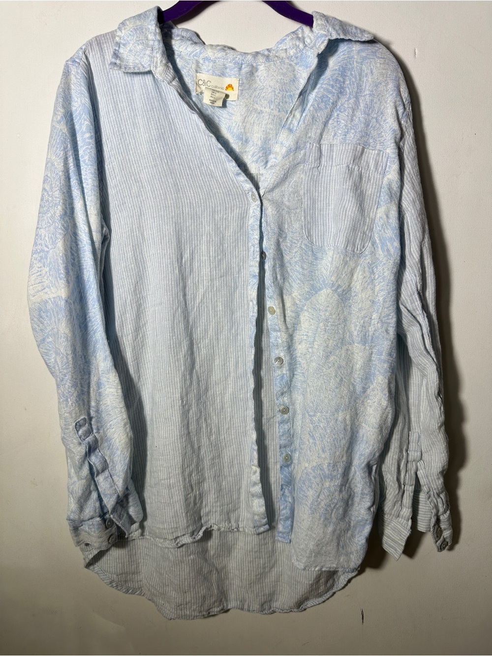 C&C California linen Light Blue Long-Sleeve Button-Up Shirt